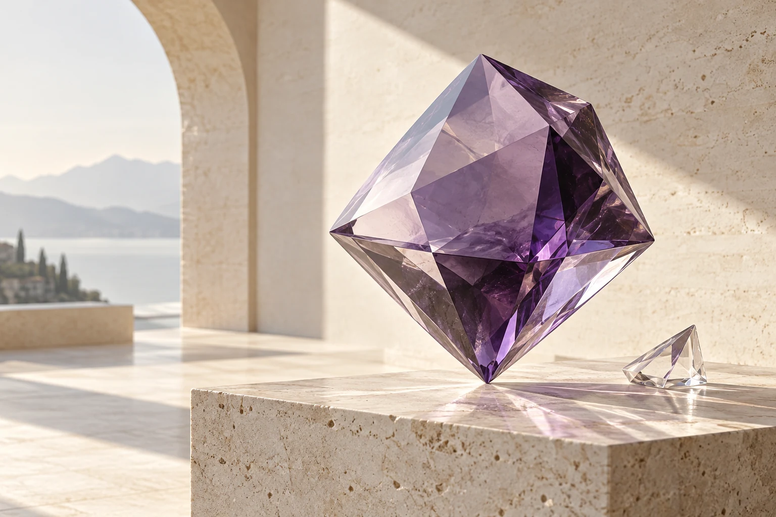 Cristal de ametista facetado sobre pedra clara, uma expressão visual dos ativos que se conectam